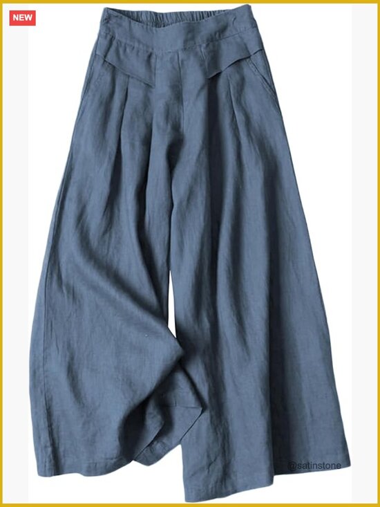 Pants - Linen Blend Wide Leg Palazzo Pants with Pockets